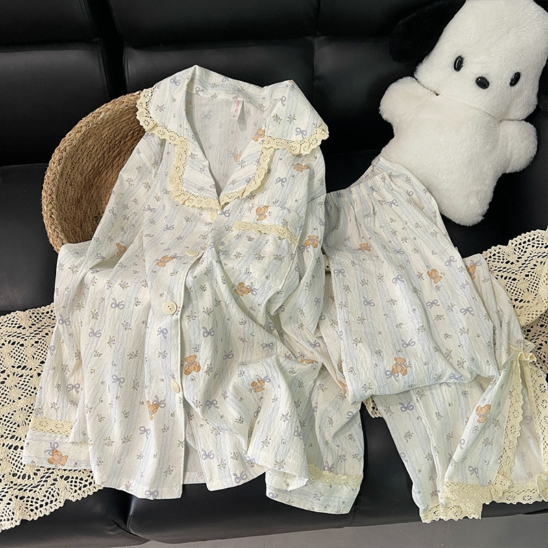 Pijamas de primavera y verano al por mayor transfronterizos mujeres nuevas nubes de algodón dibujos animados encaje pequeño solapa pantalones de mangas largas set de ropa para el hogar