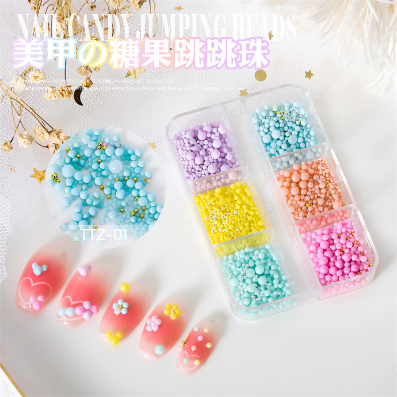 Accesorios de uñas en línea celebridad ins estilo colorido caramelo saltando cuentas macaron decoraciones de uñas de colores 6 cuadrícula mixta