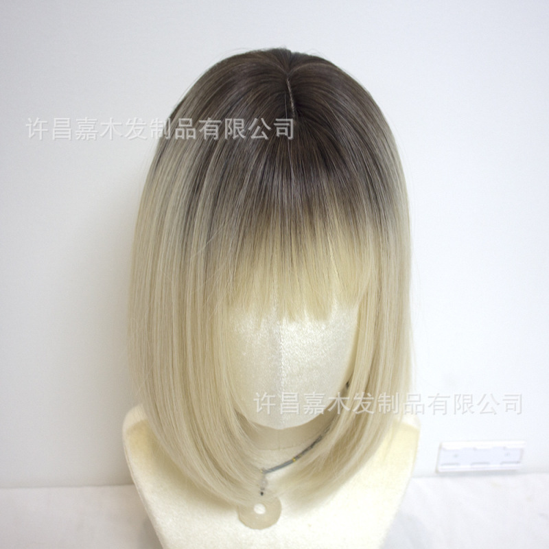 Temu人気ストレートかつら女性茶色グラデーション金色前髪波頭短髪全頭カバー染色ボブWig|undefined