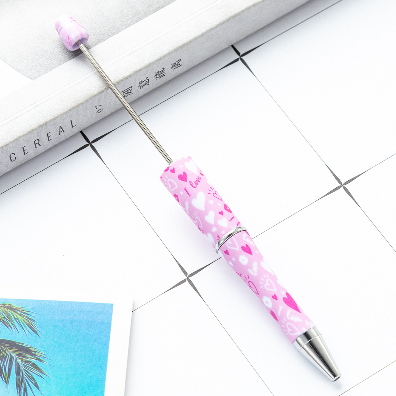 DIY pluma de cuentas de plástico creativo día de San Valentín amor serie bolígrafo de cuentas en stock impresión al por mayor pluma de cuentas
