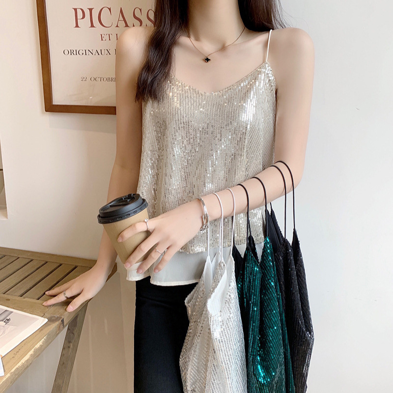 2026 Summer New Style Sexy Sparkling Sequin V-Neck Camisole Women's Short Top Undershirt in Stock