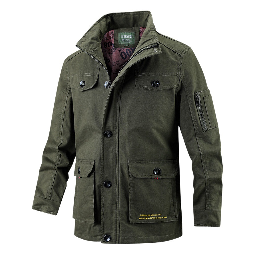 Suministro exclusivo transfronterizo de chaquetas para hombre, nuevo estilo de primavera y otoño, cuello alto, casual, capucha desmontable, talla grande, longitud media, tejido de algodón puro.