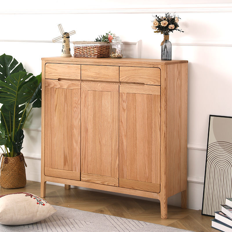 Nordic Style Solid Wood North American Red Oak Shoe Cabinet Entry Entrance Cabinet Door Side Cabinet Log Two-Door Three-Door Simple