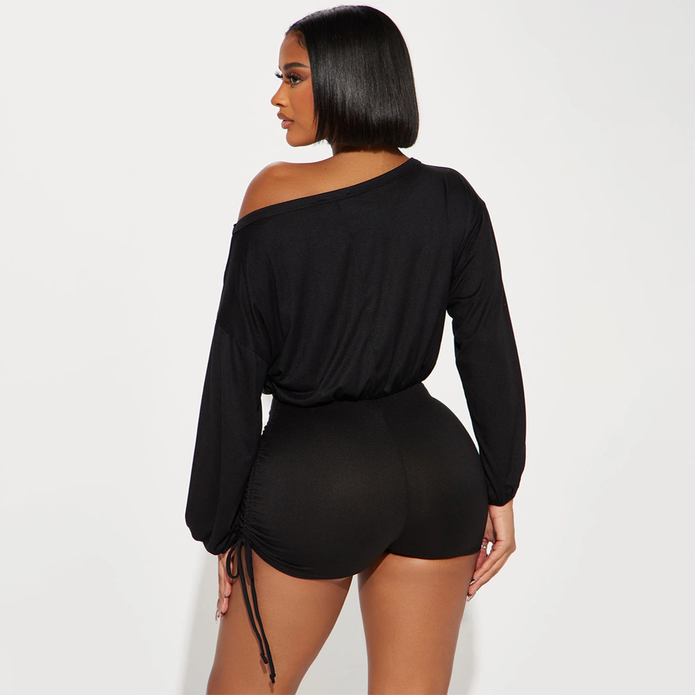 Women Wear Casual off Shoulder off Shoulder Long Sleeve Pleated Drawstring Fitted Waist Jumpsuit