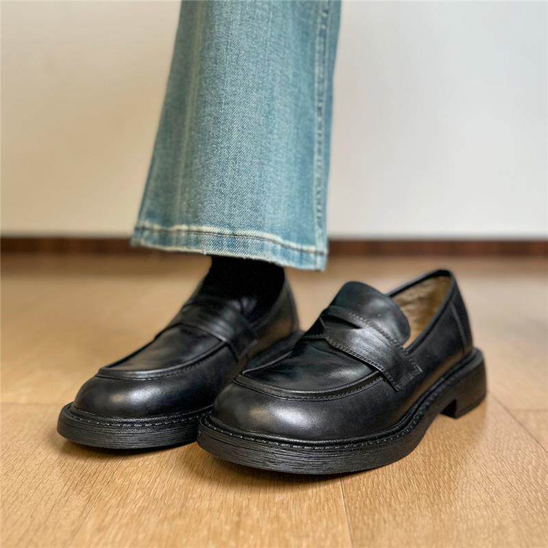 Giày lười nữ da thật Anh, mũi tròn, gót thấp 3–5 cm, đế bằng — màu đen chi tiết 9