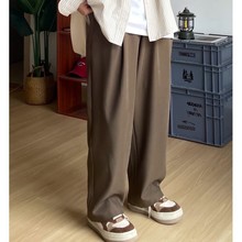 厂家直销系男装店铺咖啡色棕色简约纯色宽松打褶长裤休闲西裤