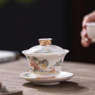 羊脂玉盖碗描金单个茶杯陶瓷大号泡茶器高档家用功夫防烫三才盖碗