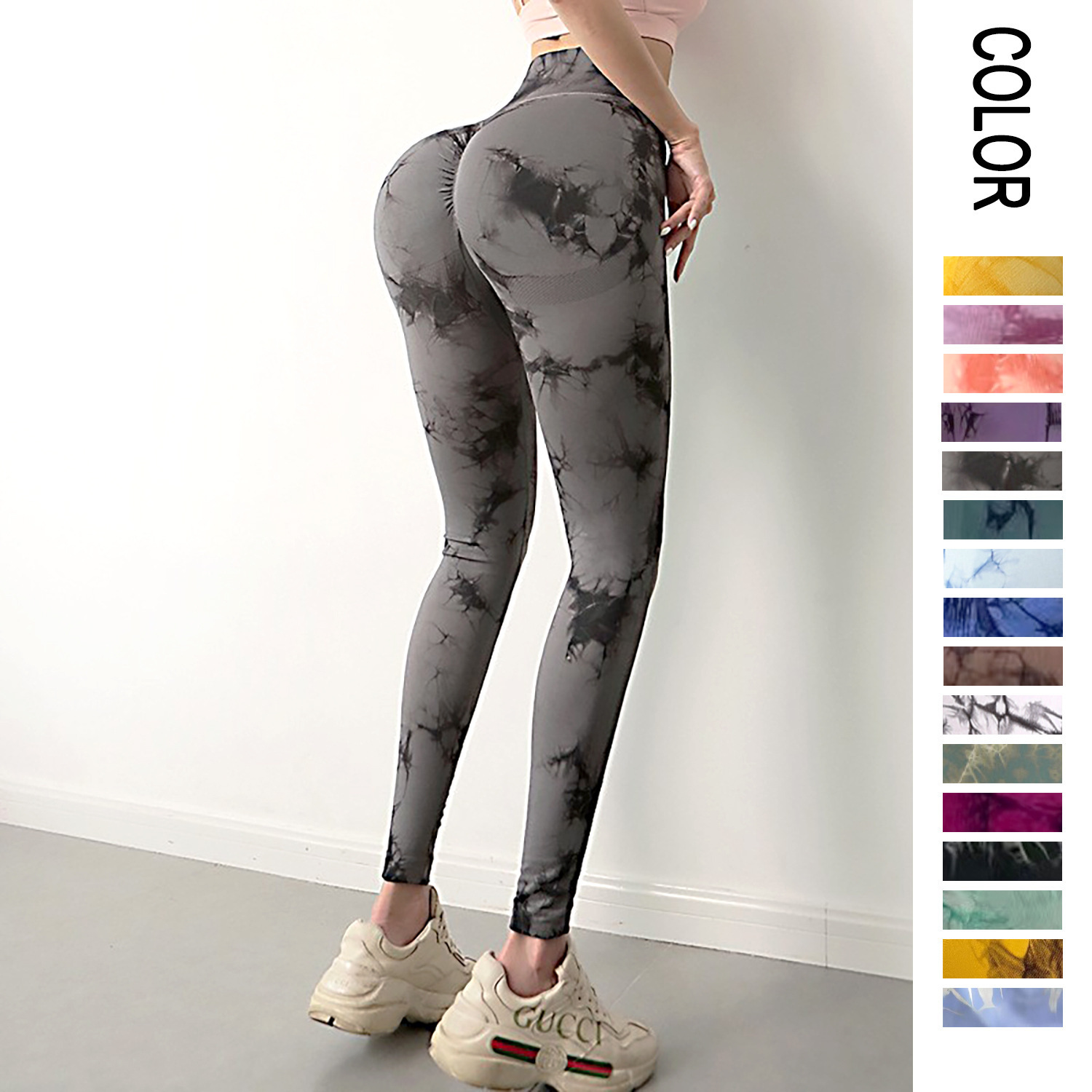 Pantalones deportivos de fitness tie-dye transfronterizos para mujer, levantamiento de glúteos de melocotón de cintura alta, ropa exterior sin costuras, pantalones de yoga para correr, transpirables