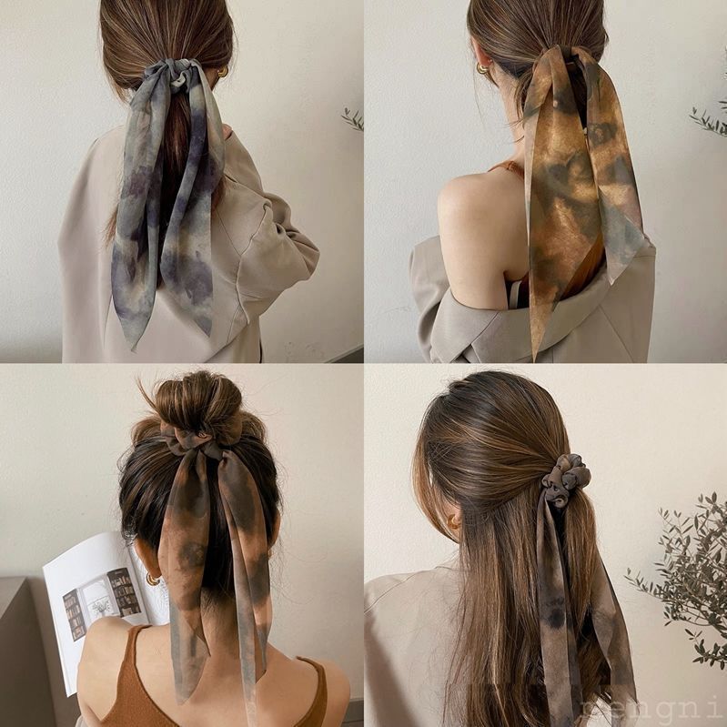 Ink painting tie-dyed ribbon hair band female Chinese ancient style ponytail high elastic rubber band hair rope Internet celebrity same style hair accessories