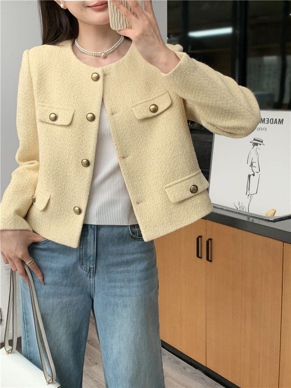 法式小香风黄色夹克长袖外套女2025年秋冬季新款宽松显瘦短款上衣|undefined