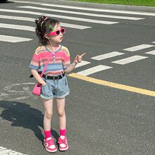 女童夏季套装新款儿童T恤短袖洋气牛仔短裤两件套女孩夏装上衣潮