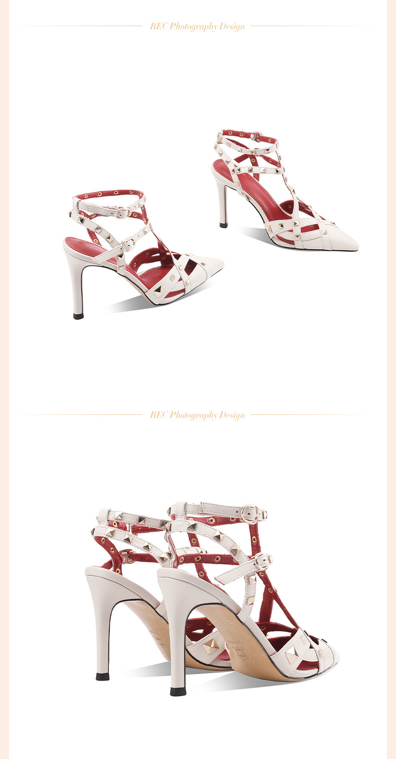 Sandal cao gót nữ mũi nhọn đinh tán da thật quai một chữ — Đen 7cm và cao chi tiết 16