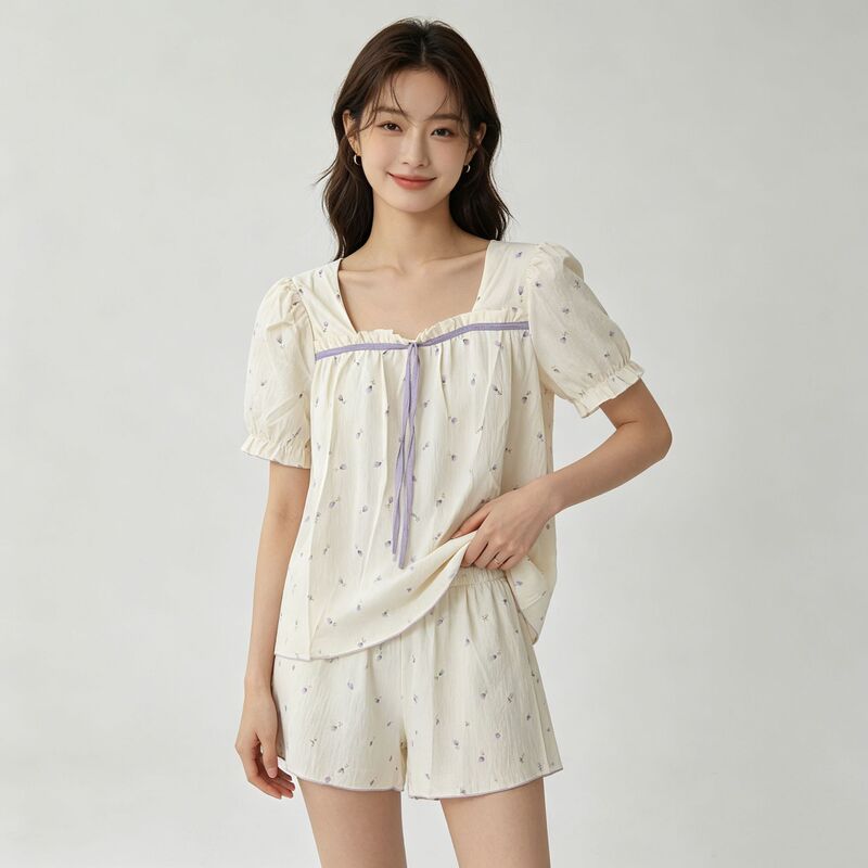 2026 Summer Women's Cloud Cotton Pajamas Short Sleeve Shorts Two-Piece Set Soft Comfortable Loose Fit Can Be Worn Outside 2026 Summer Women's Cloud Cotton Pajamas Short Sleeve Shorts Two-Piece Set Soft Comfortable Loose Fit Can Be Worn Outside