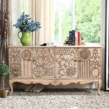美式乡村新古典实木餐边柜客厅雕花轻奢电视柜复古做旧玄关置物柜