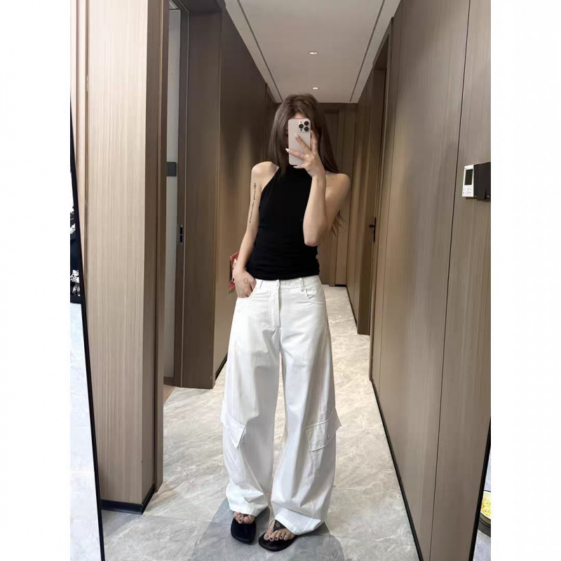 美式复古多口袋工装裤女款夏季高腰宽松阔腿拖地裤直筒微喇牛仔裤|undefined