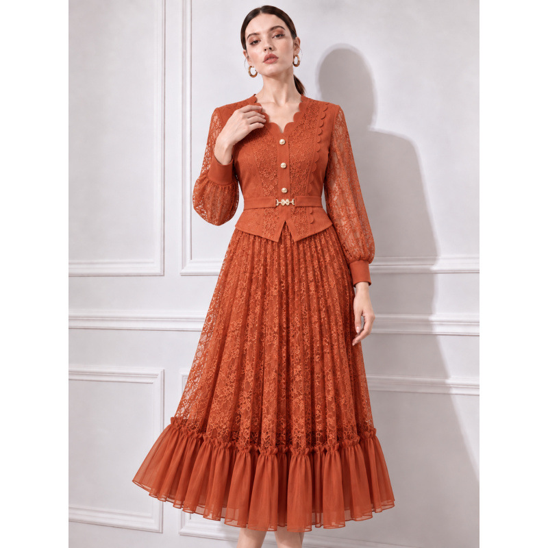 Autumn new lace two-piece dress with long sleeves and ruffled hem, French-style elegant evening gown