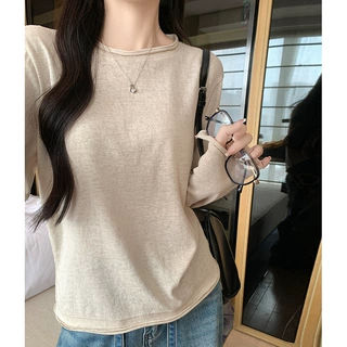 秋冬季卷边圆领打底衫女宽松显瘦慵懒风时尚袖口拼接纽扣T恤上衣