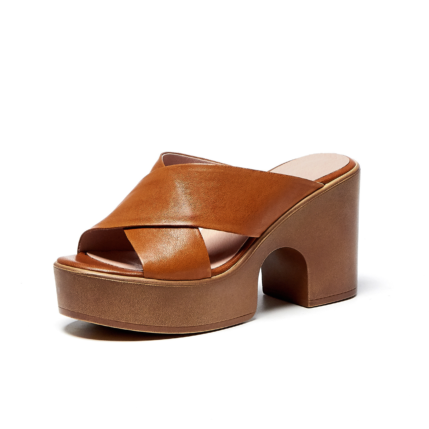 Sandal cao gót nữ hở mũi quai chéo đế xuồng gót 9 cm — màu be, màu nâu