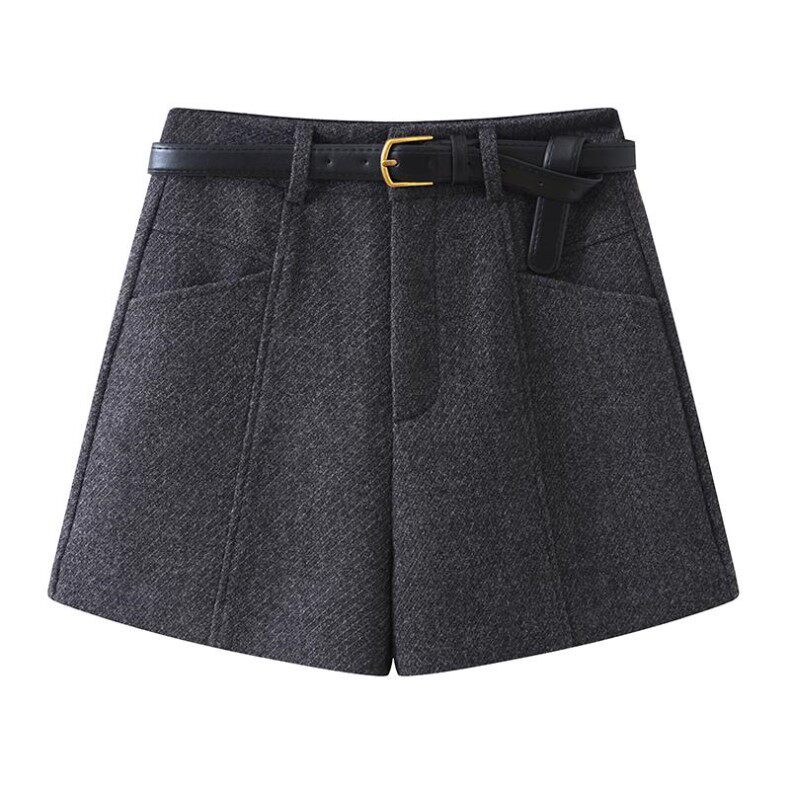 Quần short len cạp cao nữ dáng thẳng, phong cách thời thượng — Màu xám đậm (len nâng cấp), Màu đen (len nâng cấp) chi tiết 8