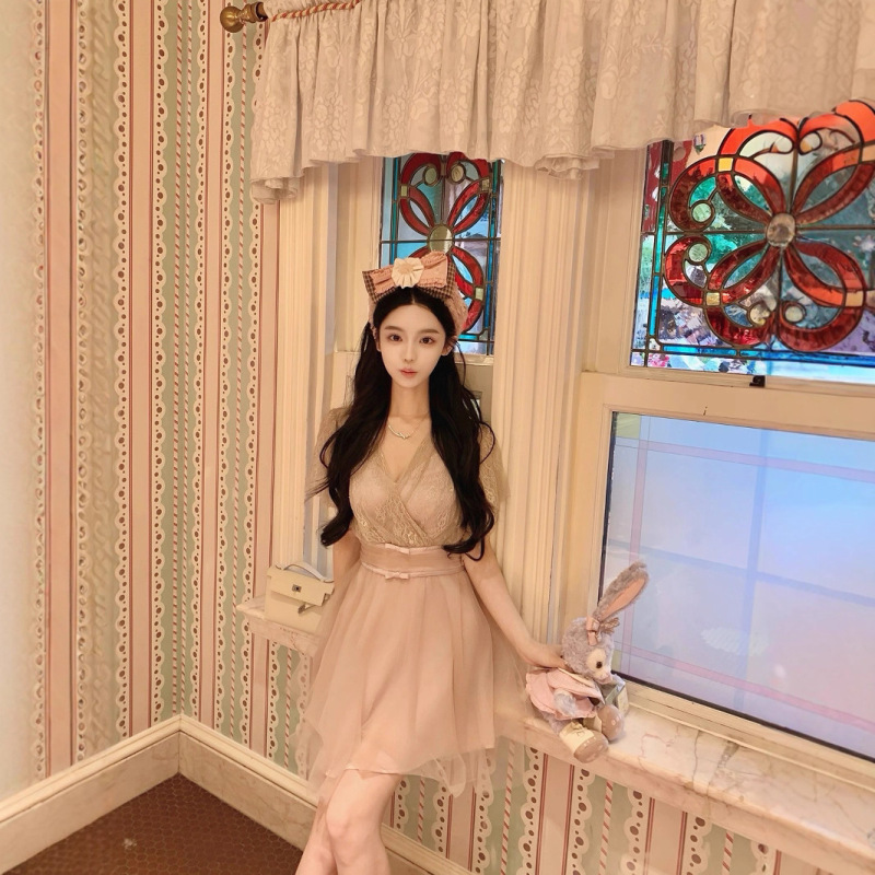 ホットドッグ ホットドッグはとてもスパイシー オリジナル Lan Yingxu ウエスト痩身 2 色 V ネック リボン ドレス女性用|undefined