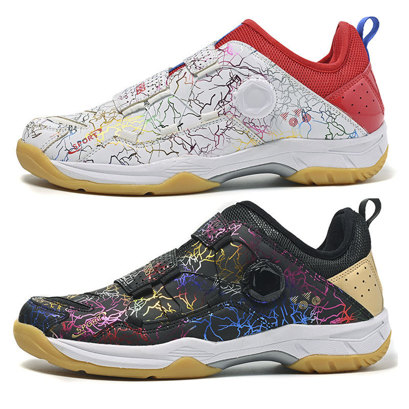Badminton Shoes Men's 2022 New Tennis Shoes Women's Leather Rotating Button Feather Shoes Large Size Training Sneakers