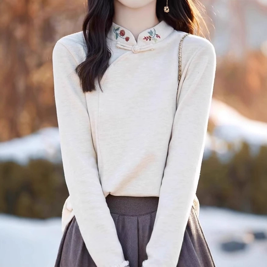 Новая китайская вышивка Derong нижняя рубашка женский полувысокий воротник осень-зима новый свободный китайский стиль дикий топ