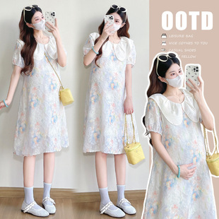 Maternity Dress 2025 New Style for Pregnant Mothers, French Loose Doll Collar Jacquard Skirt, Summer Maternity Skirt