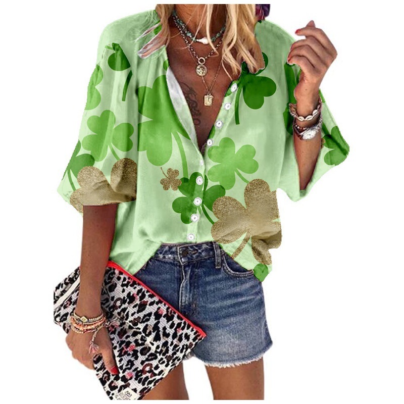 Amazon AliExpress New Summer Women's Three-Quarter Sleeve Shirt Without Pockets St. Patrick's Day Women's Clothing