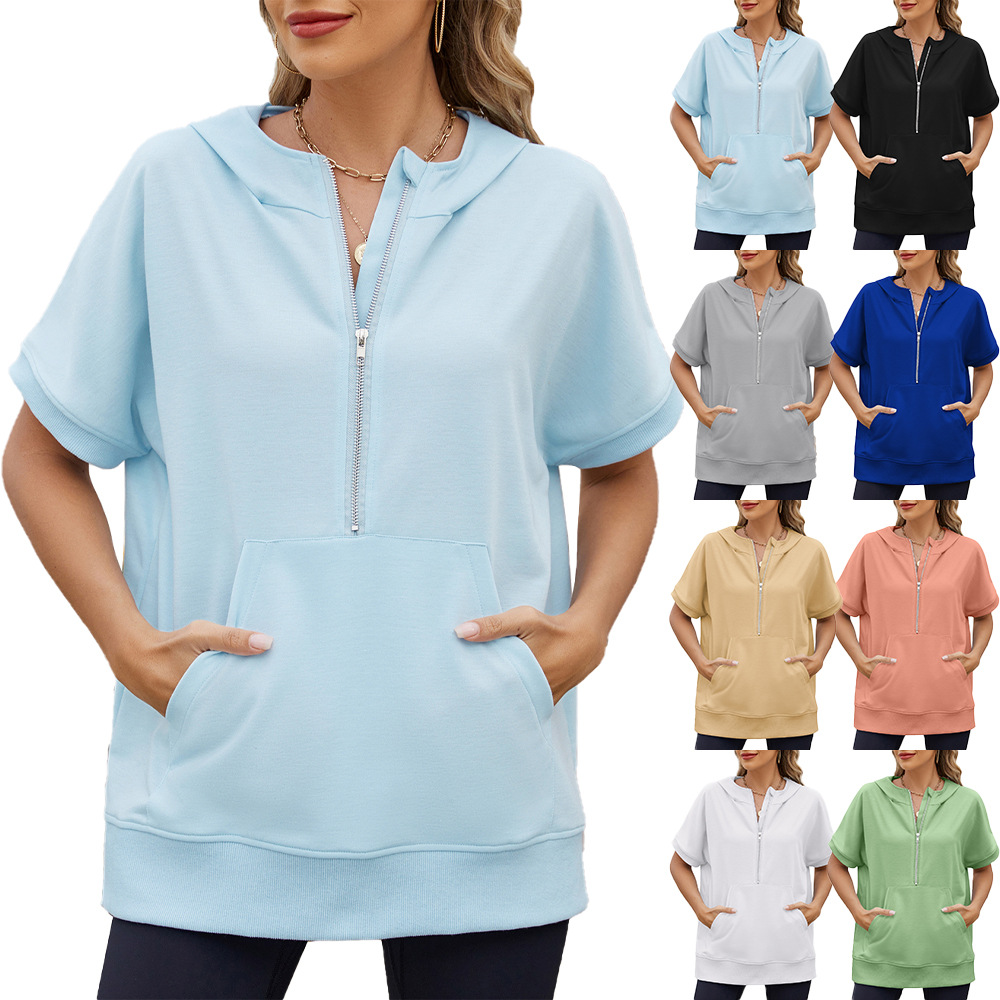 Amazon Europe and the United States cross-border foreign trade 2025 spring and summer hooded loose short sleeve zipper pocket women's thin sweater T-shirt