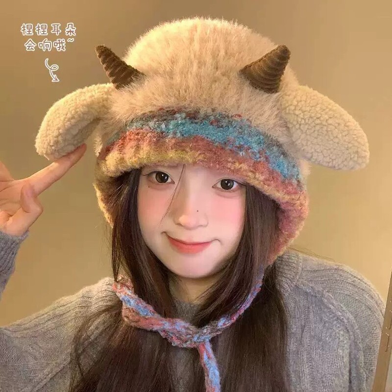 可爱小羊耳朵毛绒针织帽子女秋冬韩版保暖护耳防寒防风套头雷锋帽|undefined