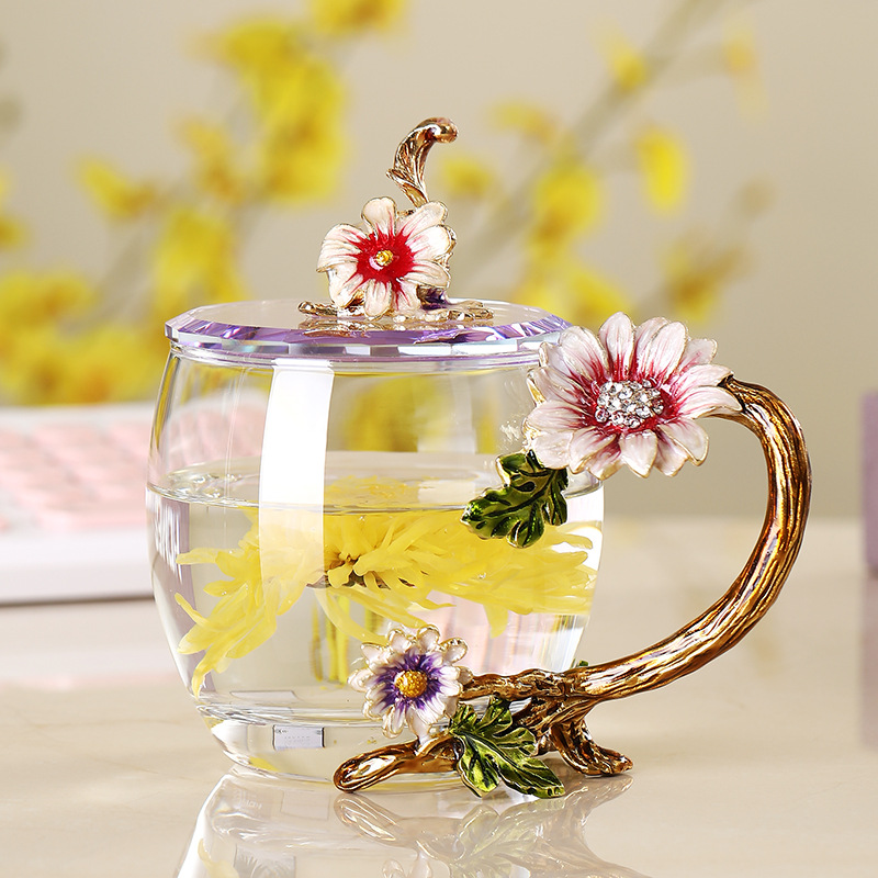 París marzo esmalte taza de agua de cristal resistente a altas temperaturas taza de té de flores para regalar a la novia maestros regalo de té