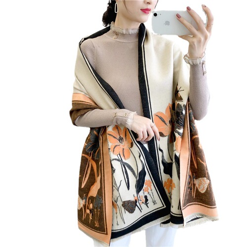 Ethnic style fashionable flower imitation cashmere scarf for women Forest double-sided long retro tassel warm shawl dual use