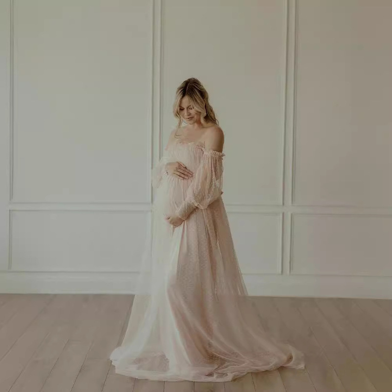 European and American Women's Wear Wave Dot Mesh Shoulder Bubble Sleeve Pregnant Women's Portrait Cross-border Photography dress 1243 European and American Women's Wear Wave Dot Mesh Shoulder Bubble Sleeve Pregnant Women's Portrait Cross-border Photography dress 1243