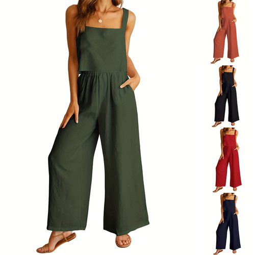 2025 Cross-border new style European and American foreign trade women's clothing 2-piece set square neck sleeveless tank top wide-leg pants casual suit 