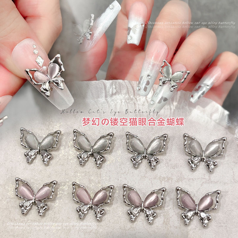 Silver Cat Eye Butterfly Nail Art Accessories New Three-Dimensional Hollow Alloy Diamond Internet Celebrity Hot Style Wearable Nail Large Diamond