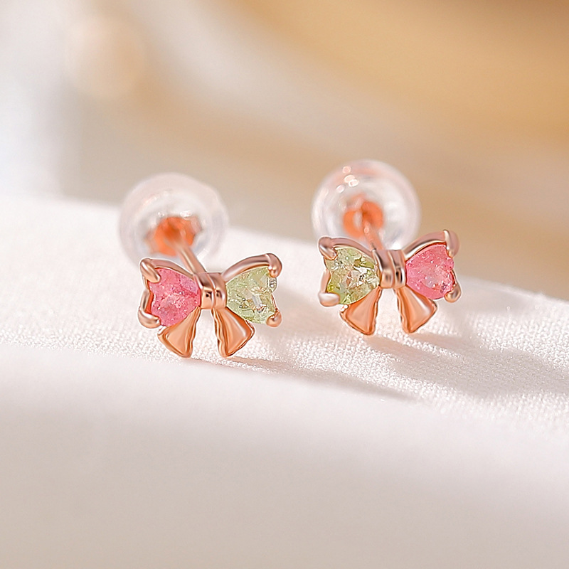Bông tai bạc S925 mạ vàng hồng đính tourmaline hình nơ ánh sáng — Một cặp (màu tourmaline ngẫu nhiên)