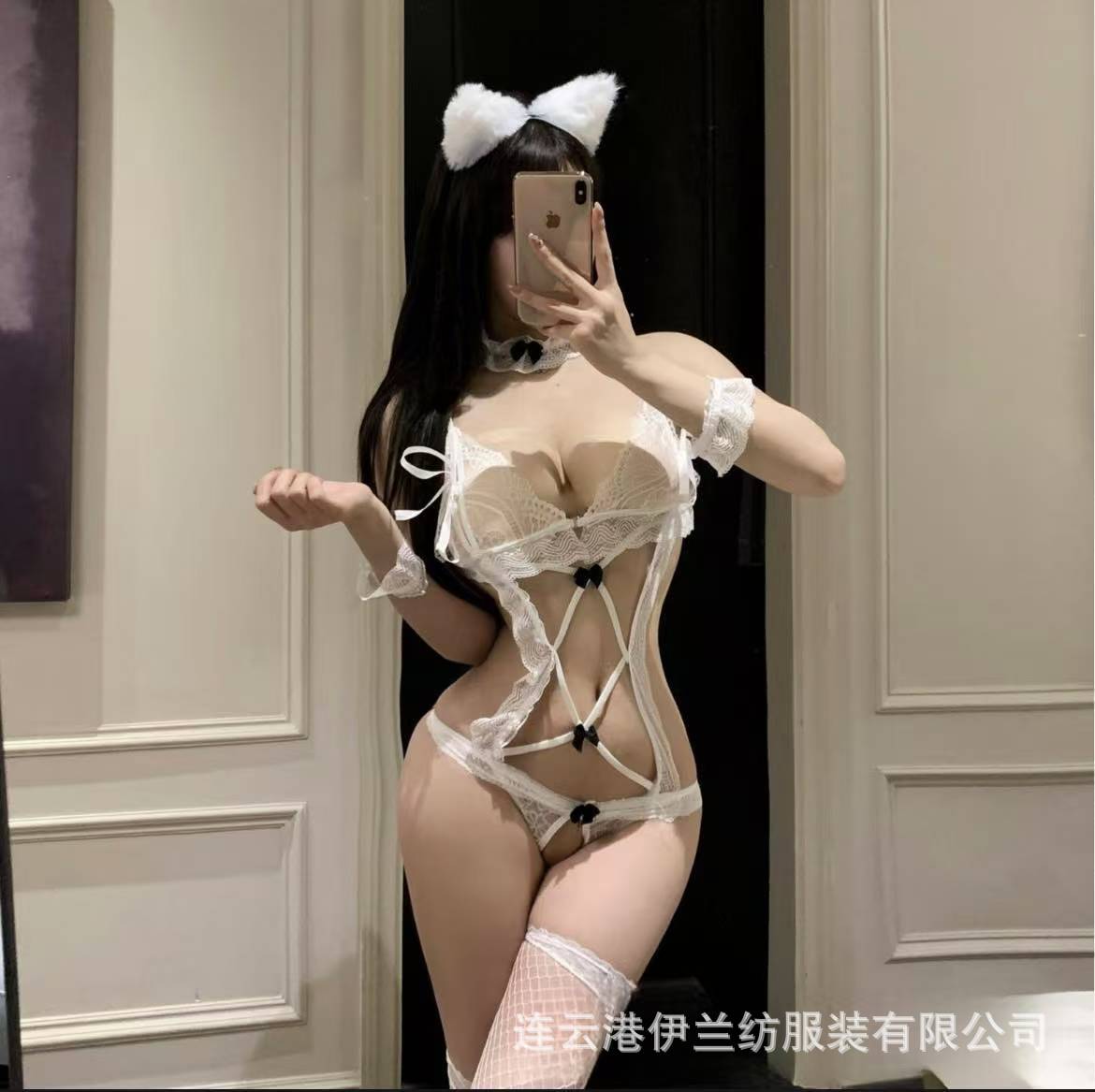 Lace Open-Crotch Bodysuit Lingerie Set with Choker and Handcuffs, Black — detail image 1