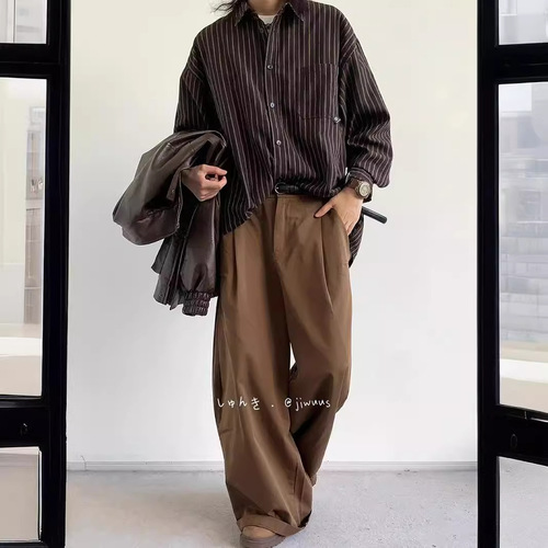 Japanese Retro Uncommon Striped Long-Sleeve Shirt for Men Spring and Autumn Season College INS Boyfriend Style Loose Collar Shirt Top