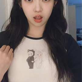 BM风Brandy同款美古兔耳朵小天使印花 bm插肩袖漏脐毛边长袖T恤女