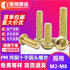 PM纯铜十字圆头螺丝十字槽盘头螺丝钉机牙铜螺钉M2M2.5M3M4M5M6M8