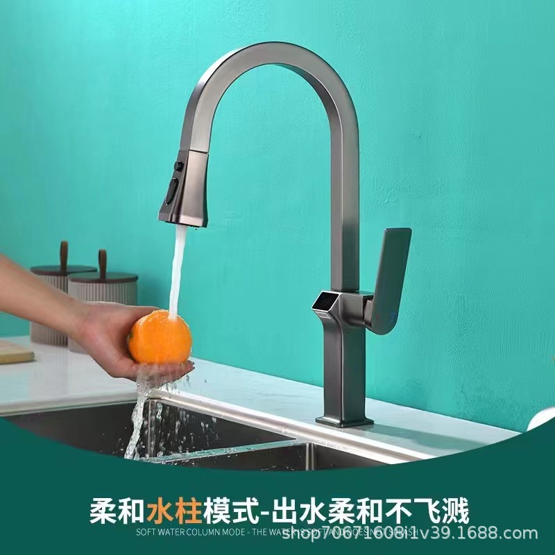 Grifo de cocina extraíble con pantalla digital inteligente, interruptor de sensor infrarrojo, grifo de fregadero gris pistola para fregadero frío y caliente