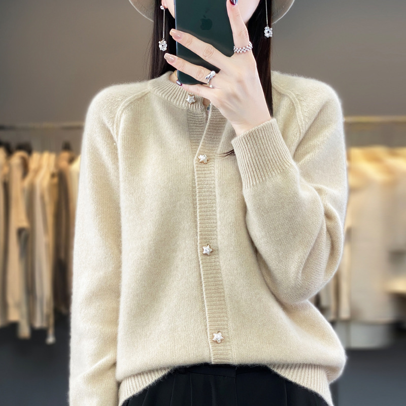 Wool Blended 2024 Autumn and Winter New Round Neck Short Solid Color Thickened Raglan Sleeve Star Button Knitted Cardigan Sweater