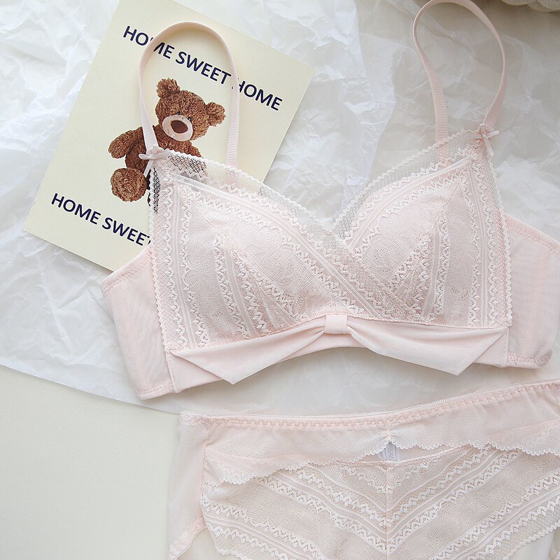 Eden French Girl Intimates Thin Cup Bow Sweet Style Small Breast Push-Up Sexy Lace Bra Set