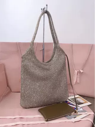 2026新款手工亮片网纱镂空钩织单肩手提针织包真皮内袋小众托特包