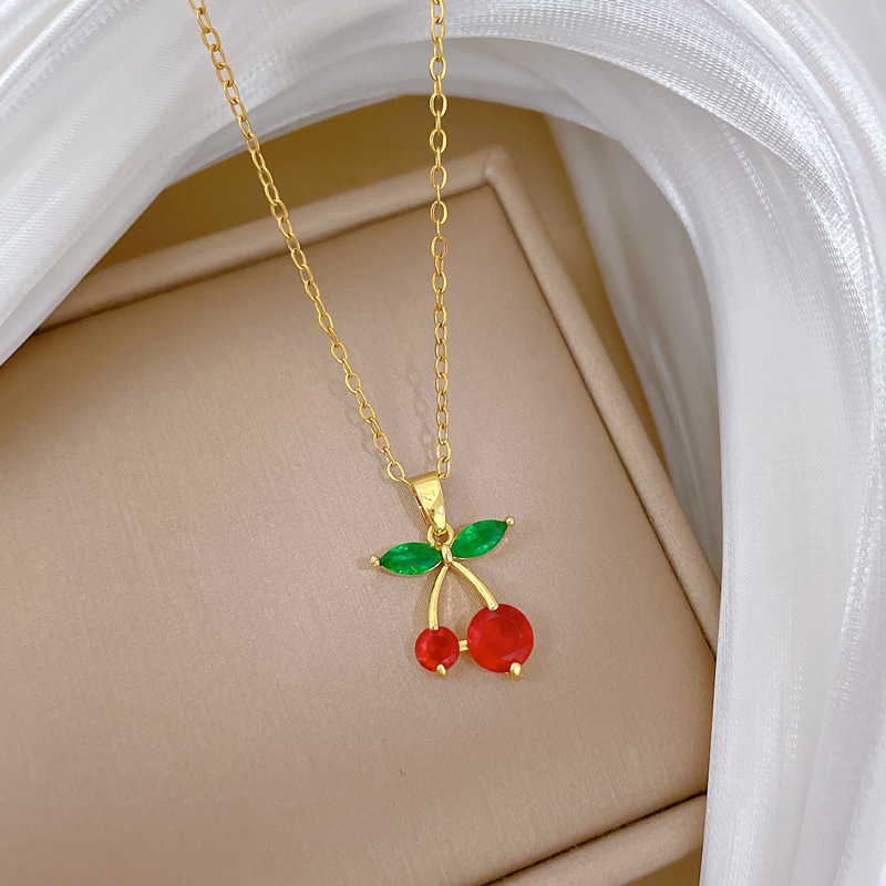 Red Cherry Fruit Necklace Diamond Luxury Clavicle Chain Jewelry_voghion.com