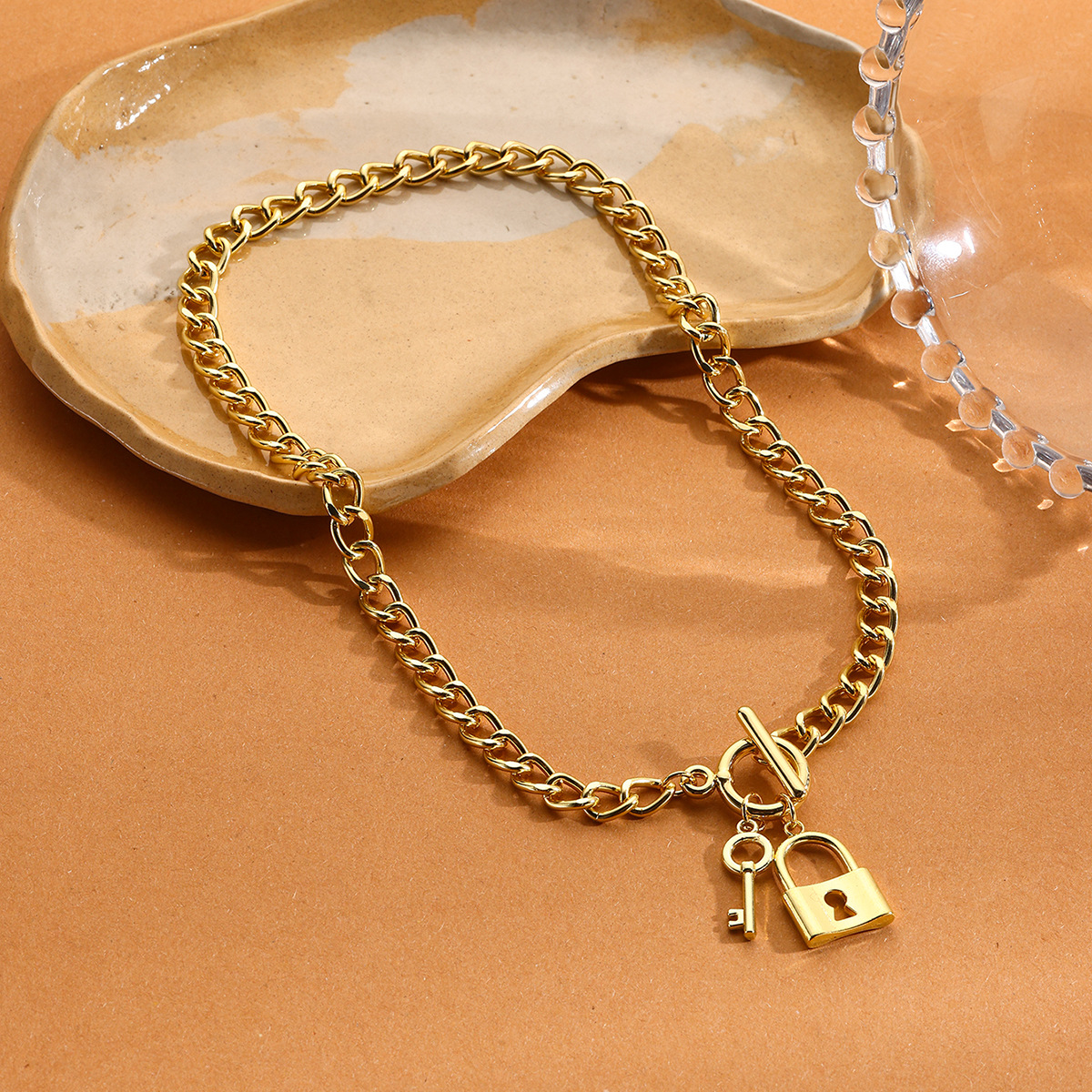 hot selling simple punk thick chain lock key pendant love lock key OT buckle necklace_voghion.com
