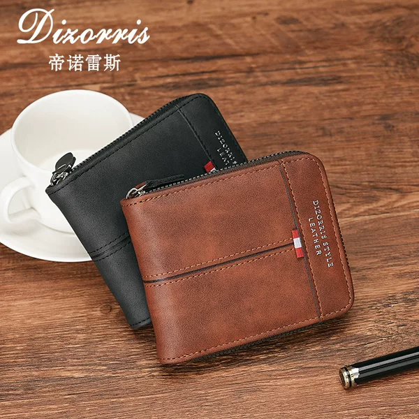 2024 New Cross-border Men's Wallet Short Horizontal Zipper Tri-fold Coin Purse Vintage Casual Buckle Quartet Bag