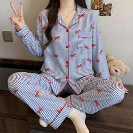新款蝴蝶结印花两件套女家居服春夏秋长袖长裤睡衣套装女跨境货源