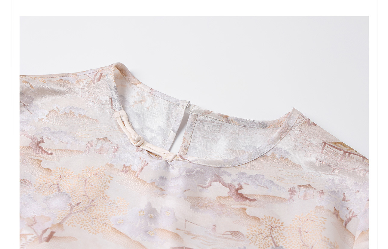 Áo thun cổ tròn tay ngắn phong cách Tân Trung Hoa đính khuy vải, chất liệu lụa tơ tằm jacquard — Màu hồng, màu mơ chi tiết 16