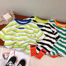 韩国童装2024儿童夏条纹短袖韩版男女童T恤宝宝半袖95棉上衣小童